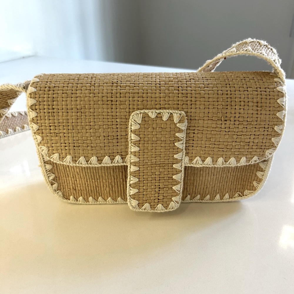 Tan Woven Crossbody Bag with White Stitch Trim